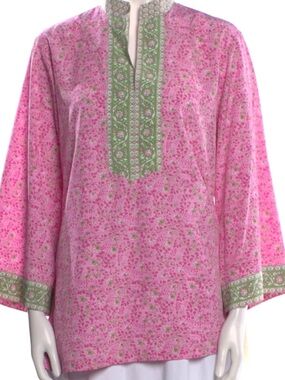 Oscar de la Renta Pink Floral Tunic with Green Embroidered Trim